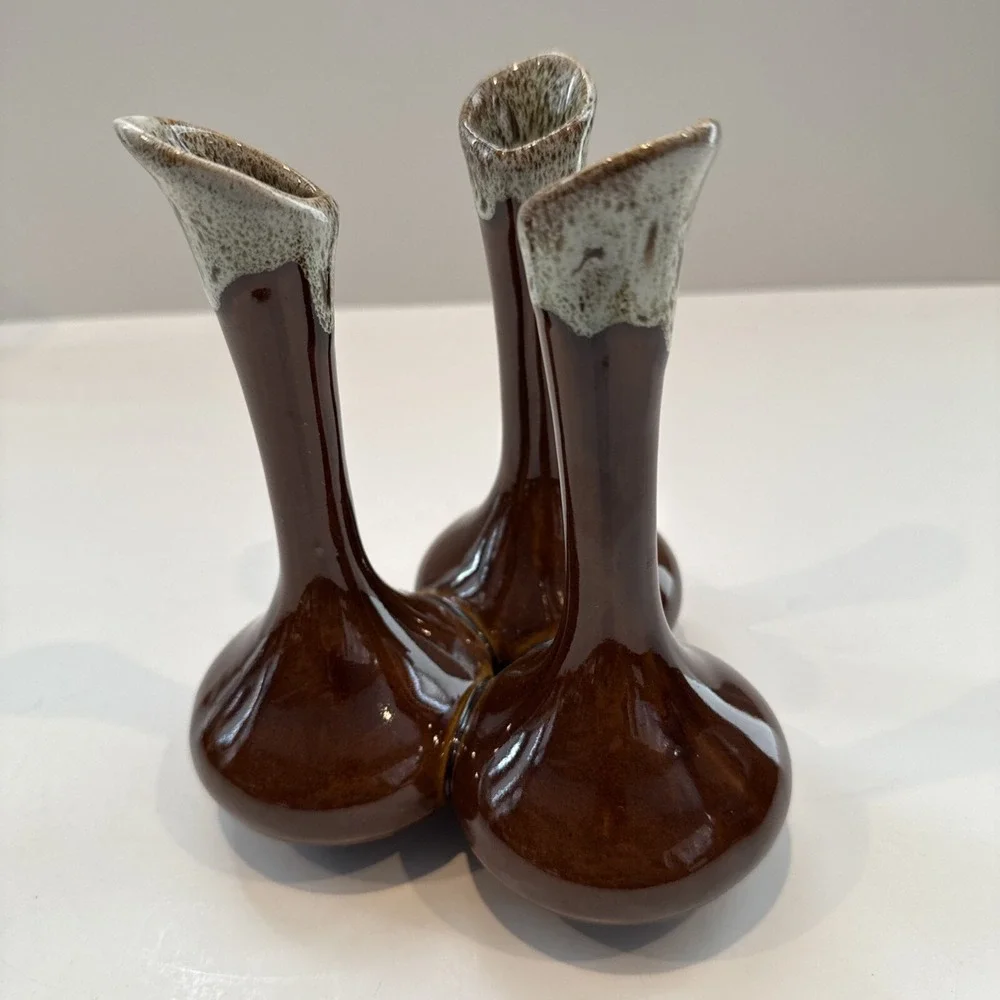 Vintage Van Briggle Pottery Triple Bud‎ Vase in Brown with White Drip Glaze